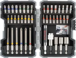 Bosch 43-piece impact screwdriver bit set with color-coded bits.