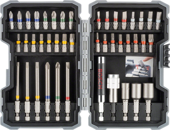 Bosch 43-piece impact screwdriver bit set with color-coded bits.