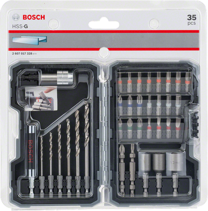 35-piece HSS-G drill and screwdriver bit set Extra Hard, PH, PZ, SL, H, T Bosch 35-piece HSS-G drill and screwdriver bit set.