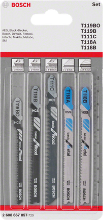 5-piece T-Shank jigsaw blade set Wood and Metal Basic Bosch jigsaw blade set 5-pack.