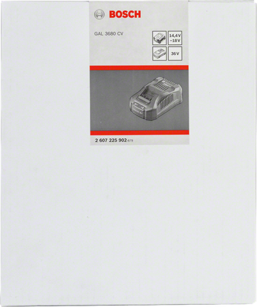 Multi-volt charger GAL 3680 CV Bosch GAL 3680 CV multi-volt charger packaging.