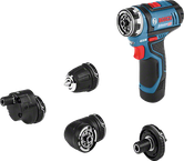 Bosch GSR 12V-15 FC cordless drill set with four attachments.