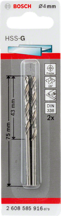Metal drill bits HSS-G, DIN 338 Bosch 4mm HSS-G drill bits 2-pack.