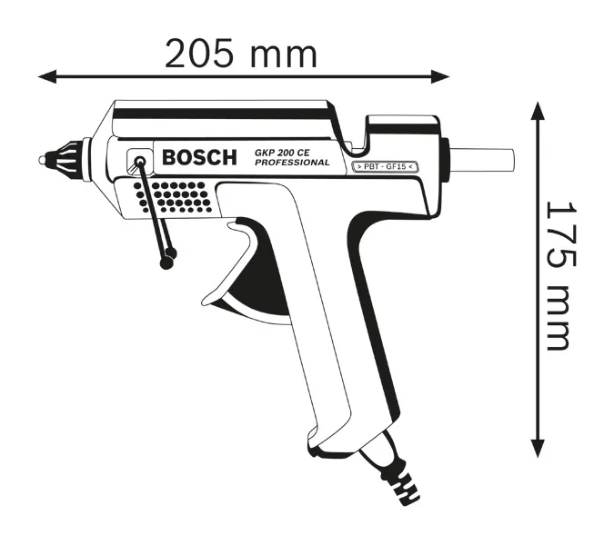 Glue gun dimensions.