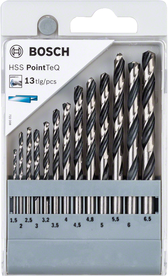 Bosch HSS PointTeQ 13-piece twist drill bit set.