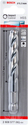Bosch 8.0mm HSS hex-shank drill bit.