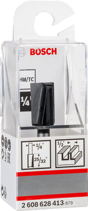 PRO Router Straight Bit, Two Flutes, Ø 1/2″ x L 49/64″, Shank 1/4″ Bosch 1/4″ router bit packaging.