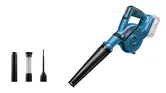Bosch GBL 18V-120 cordless blower with nozzle attachments.