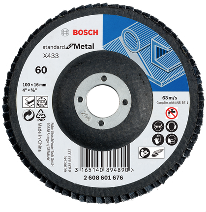 X433 Standard for Metal Flap Disc 100 mm, G60 Bosch X433 Standard for Metal flap disc 100mm G60.