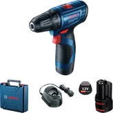 Bosch GSR 120-LI cordless drill set with battery and case.