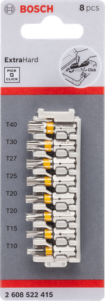 Bosch Pick and Click Extra Hard screwdriver bit set 8-piece.