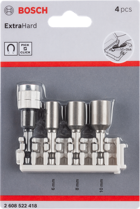 Pick & Click Extra Hard Nutsetter 6/8/10 mm and Universal Holder Pack, 4-piece Bosch Pick and Click nutsetter 6/8/10 mm universal holder set.