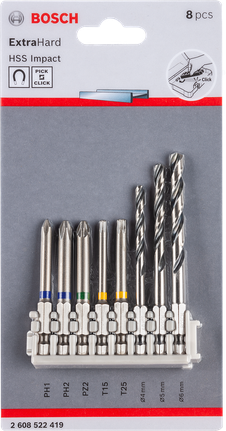 Pick & Click Extra Hard Screwdriver and HSS Impact Drill Bit Mixed Pack, 8-piece Bosch Pick & Click 8-piece screwdriver and drill bit set.