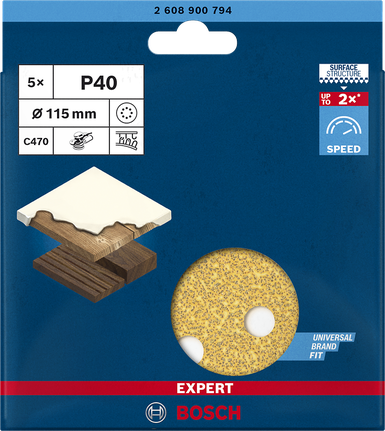 EXPERT C470 Sandpaper with 8 holes for Random Orbital Sanders 115 mm, G 40 5-pc Bosch C470 P40 115 mm sandpaper 5-pack.