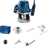 Bosch GOF 130 router with accessories for woodworking.