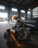 A person wearing safety equipment uses an angle grinder to cut a large metal pipe indoors.