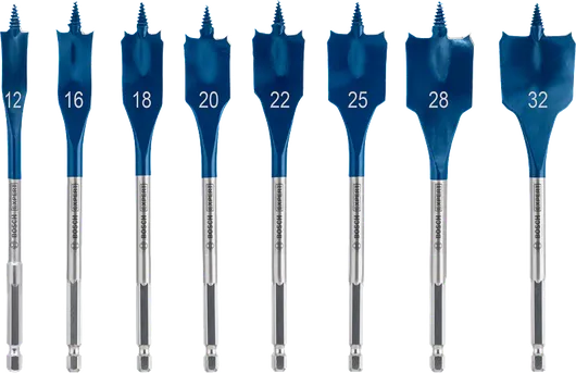 EXPERT Self Cut Speed Spade Drill Bit Set Bosch flat drill bit set with sizes 12 to 32 mm.