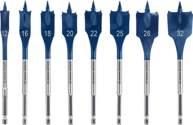 Bosch flat drill bit set with sizes 12 to 32 mm.