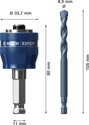EXPERT Power Change Plus Hole Saw System Arbor 11 mm, TCT Drill 8.5 x 105 mm, 2-pc Bosch EXPERT Power Change Plus Hole Saw System Arbor and TCT drill 8.5 mm.