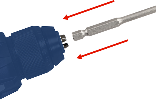 Drill bit being inserted into a chuck with red arrows indicating movement.