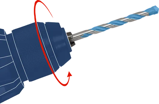 Blue rotary drill chuck with an inserted masonry drill bit.