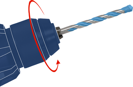 Blue rotary drill chuck with an inserted masonry drill bit.
