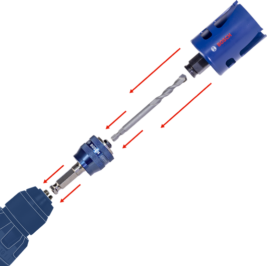 A power drill with an attached hole saw and specialized bit for cutting circular holes.