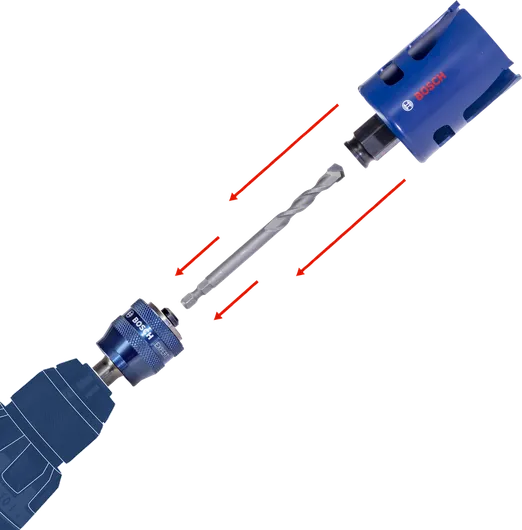 Power drill with an attached hole saw bit and adapter.