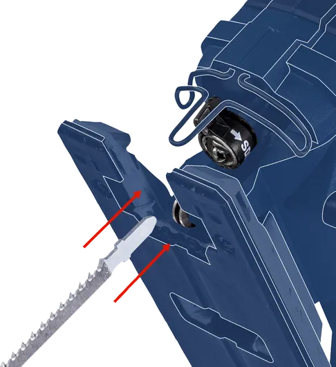 Jigsaw blade being inserted into a tool with outlined assembly guides.