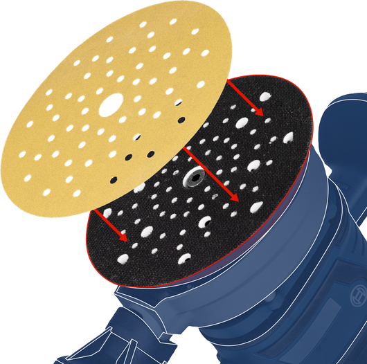 Sanding disc aligning with a matching pad on a power sander.