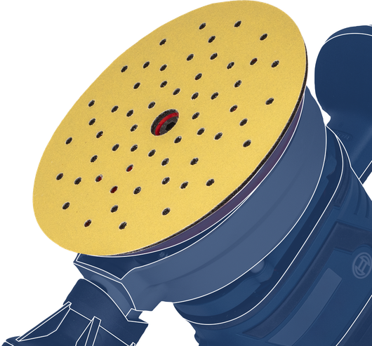 Electric orbital sander with a perforated sanding disc attached.