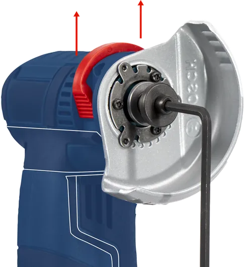 Angle grinder adjustment with a hex key inserted in the disc mount.