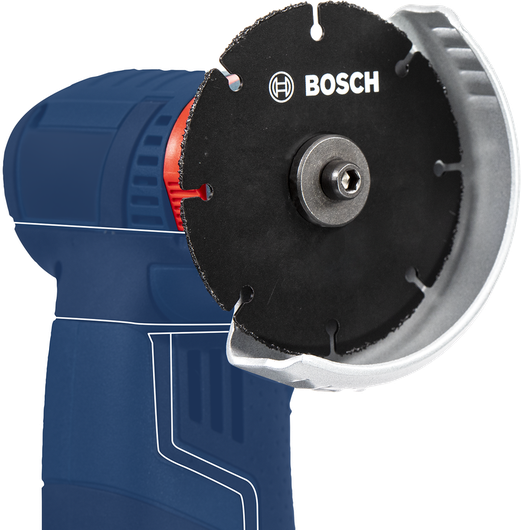 Cordless power tool with a circular cutting blade and safety guard.