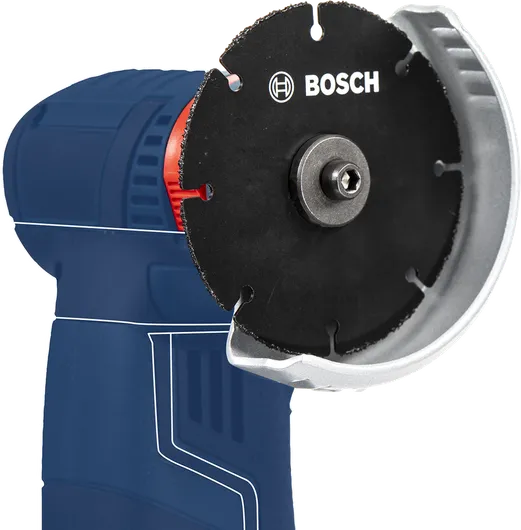 Compact power tool with a protective blade guard for cutting tasks.