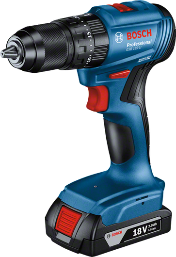 Bosch GSB 185-LI cordless drill, 18V 2.0Ah battery.