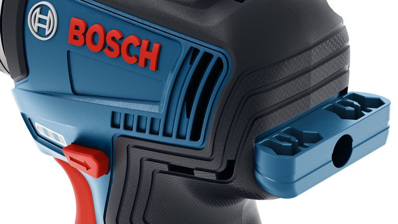 Bosch drill with side-mounted bit holder.