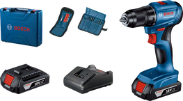 Bosch GSR 185-LI cordless drill set with two 18V batteries.
