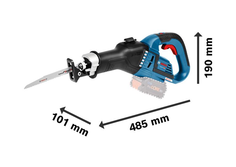 Bosch GSA 18V-32 cordless reciprocating saw with dimensions.