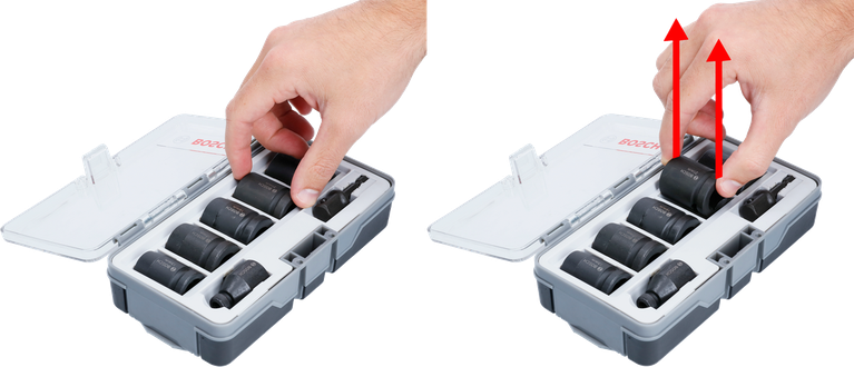 Person removes a socket from a 7-piece socket set case.