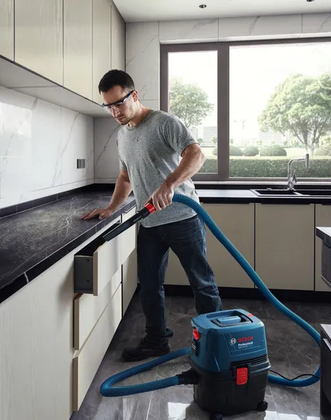GAS 15 A person wearing safety equipment uses a wet and dry extractor to clean a kitchen counter.