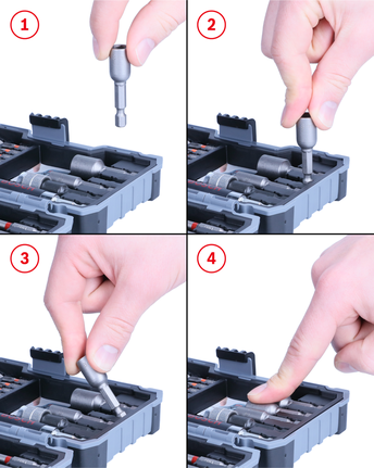 Person places a drill bit holder into a tool case.