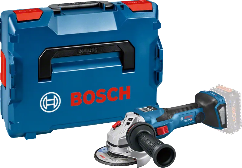 Bosch GWS 18V-15 SC cordless angle grinder with case.