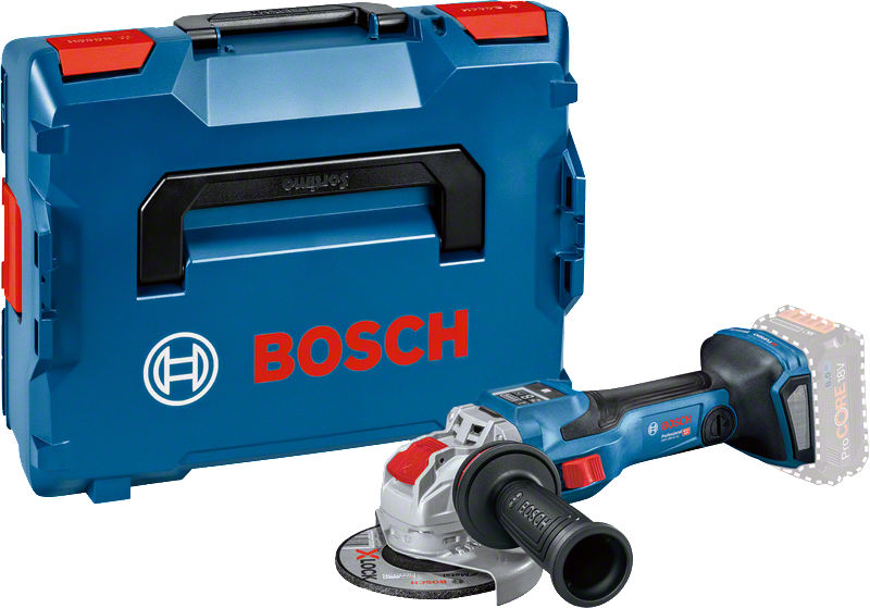 Bosch GWX 18V-15 SC cordless angle grinder with carrying case.
