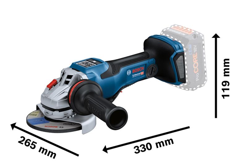 Bosch GWS 18V-15 PSC cordless angle grinder with size dimensions.