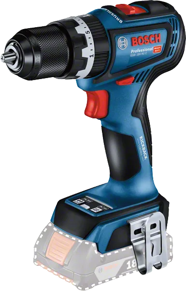 Bosch GSB 18V-90 C cordless drill with metal belt clip.