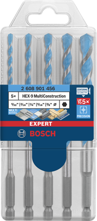 Bosch EXPERT HEX-9 MultiConstruction drill bit set 5 pcs 5/32″–3/8″.