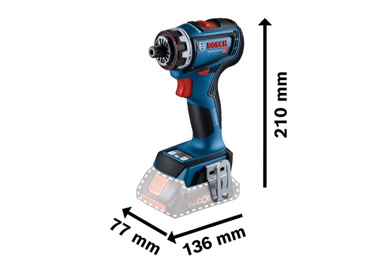 Bosch GSR 18V-90 FC cordless drill with dimensions shown.