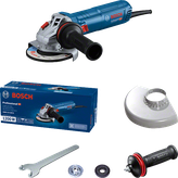 Bosch GWS 12-125 S angle grinder with accessories.
