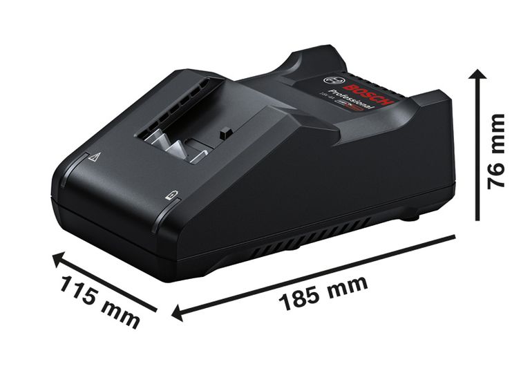 Bosch GAL 18V-40 AMPShare battery charger with dimensions.