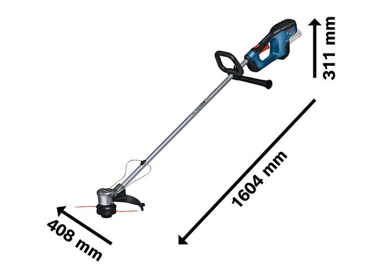 Bosch GRT 18V-33 cordless grass trimmer with dimensions shown.